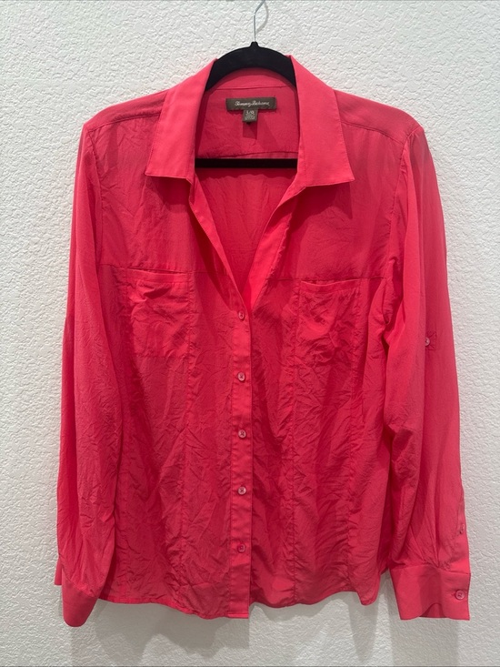 Tommy Bahama Tops - TOMMY BAHAMA Red 100% Silk Button Up Blouse Long Roll Tab Sleeves V-Neck Women L